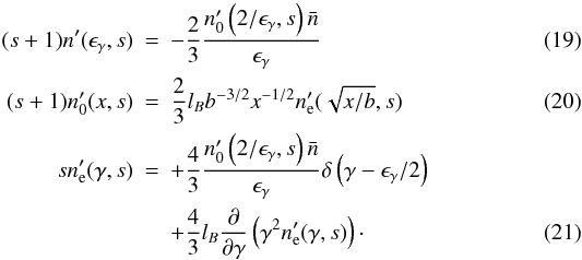 \begin{eqnarray} \label{hard} (s+1) n'(\egamma,s) & = & -\frac{2}{3}\frac{n_0'\left(2/\egamma, s\right) \bar{n}}{\egamma} \\ \label{photons} (s+1)n_0'(x,s) & = & \frac{2}{3} \lB b^{-3/2} x^{-1/2}n_{\rm e}' (\sqrt{x/b},s) \\ \label{electrons} s n_{\rm e}'(\gamma,s) & = &+ \frac{4}{3}\frac{n_0'\left(2/\egamma,s \right) \bar{n}}{\egamma}\delta\left(\gamma-\eg/2\right) \nonumber \\ & & +\frac{4}{3}\lB\frac{\partial}{\partial \gamma}\left(\gamma^2 n_{\rm e}'(\gamma,s)\right)\cdot \end{eqnarray}