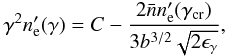 \begin{eqnarray} \gamma^2 n_{\rm e}'(\gamma) = C-\frac{2\bar{n}n_{\rm e}'(\gcr)}{3b^{3/2} \sqrt{2\eg}}, \end{eqnarray}