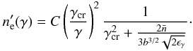 \begin{eqnarray} \label{elec_final} n_{\rm e}'(\gamma)=C \left(\frac{\gcr}{\gamma}\right)^2 \frac{1}{\gcr^2+\frac{2\bar{n}}{3b^{3/2}\sqrt{2\eg}}}\cdot \end{eqnarray}