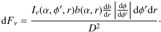 \appendix \setcounter{section}{1} \begin{equation} \mathrm{d} F_\nu = \frac{I_\nu (\alpha,\phi^\prime,r) b(\alpha,r) \frac{\mathrm{d} b} {\mathrm{d} r} \left| \frac{\mathrm{d}\phi}{\mathrm{d}\phi^\prime} \right| \mathrm{d} \phi^\prime \mathrm{d}r}{D^2}\cdot \label{eq:flux_col} \end{equation}