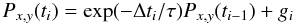 \begin{equation} P_{x,y}(t_i)=\exp (-\Delta t_i/\tau) P_{x,y}(t_{i-1})+g_i \label{eq:markovchain} \end{equation}