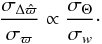 \begin{equation} \frac{\sigma_{\Delta \hat{\varpi}}}{\sigma_{\varpi}}\propto \frac{\sigma_{\Theta}}{\sigma_w}\cdot \label{equno} \end{equation}