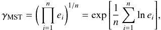 \begin{equation} \gmst = \bigg( \prod_{i=1}^n e_i \bigg)^{1/n} = \exp{ \left[ \frac{1}{n} \sum_{i=1}^n \ln{e_i} \right]}, \end{equation}
