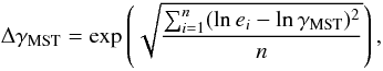 \begin{equation} \Delta\gmst = \exp \left( \sqrt{ \sum_{i=1}^n ( \ln e_i - \ln \gmst )^2 \over n } \right), \end{equation}