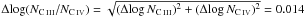 \hbox{$\Delta\!\log(N_\ion{C}{iii}/N_\ion{C}{iv}) = \sqrt{(\Delta\!\log N_{\ion{C}{iii}})^2+(\Delta\!\log N_{\ion{C}{iv}})^2} = 0.014$}