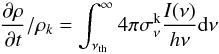 \appendix \setcounter{section}{1} \begin{equation} \rm {{\partial \rho} \over {\partial {\it t}}} / \rho_{\it k} = \int_{\nu_{th}}^{\infty} 4\pi \sigma_{\nu}^{k} {{{\it I}(\nu)} \over {{\it h} \nu}} d\nu \label{ionize} \end{equation}
