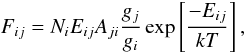 \begin{equation} F_{ij}=N_iE_{ij}A_{ji}{{g_j}\over{g_i}}\exp\left[{{-E_{ij}}\over{kT}}\right], \end{equation}