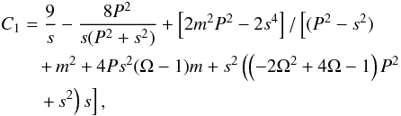 \appendix \setcounter{section}{1} \begin{eqnarray} && C_1 = \frac{9}{s} -\frac{8 P^2}{s(P^2+s^2)}+\left[2 m^2 P^2-2 s^4 \right]/ \left[(P^2-s^2) \right.\nonumber \\ && \qquad \left. + \, m^2+4 P s^2 (\Omega -1) m+s^2 \left(\left(-2 \Omega ^2+ 4 \Omega -1\right) P^2 \right. \right.\nonumber \\ && \qquad \left. \left. + \, s^2\right) s\right], \end{eqnarray}