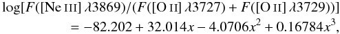 \begin{eqnarray} \label{eq:NeIIIOII} \log [F([\ion{Ne}{iii}]\,\lambda3869)/(F([\ion{O}{ii}]\,\lambda3727)+F([\ion{O}{ii}]\,\lambda3729))] \nonumber \\ = -82.202 + 32.014x - 4.0706x^2 + 0.16784x^3, \end{eqnarray}