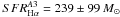 \hbox{$SFR_{\rm H\alpha}^{A3} = 239\pm 99\,M_{\sun}$}