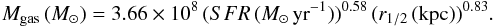 \begin{equation} \label{eq:gasmass} M_{\rm gas}\,(M_{\sun}) = 3.66\times 10^8\, (SFR\,(M_{\sun}\,{\rm yr}^{-1}))^{0.58}\, (r_{1/2}\,(\rm kpc))^{0.83}. \end{equation}