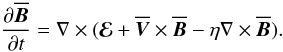 \begin{equation} \frac{\partial{\overline{\vec{B}}}}{\partial t} =\nabla\times(\vec{\mathcal{E}}+\overline{\vec{V}}\times\overline{\vec{B}} -\eta\nabla\times\overline{\vec{B}}). \label{eq4} \end{equation}