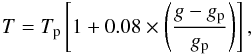 \begin{equation} T = T_{\rm p} \left[ 1 + 0.08 \times \left( \frac{g-g_{\rm p}}{g_{\rm p}} \right) \right], \label{gravdark} \end{equation}