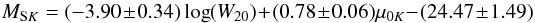 \begin{equation} \label{FP} M_{{\rm S}K} = (-3.90 \pm 0.34) \log(W_{20}) + (0.78 \pm 0.06) \mu_{0K} - (24.47 \pm 1.49) \end{equation}