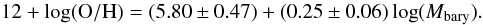 \begin{equation} 12+\log({\rm O/H}) = (5.80 \pm 0.47) + (0.25 \pm 0.06) \log(M_{\rm bary}). \end{equation}