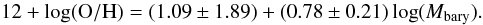 \begin{equation} 12+\log({\rm O/H}) = (1.09 \pm 1.89) + (0.78 \pm 0.21) \log(M_{\rm bary}). \end{equation}