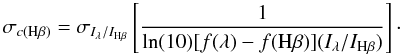 \begin{equation} \sigma_{c({\rm H} \beta)}=\sigma_{I_{\lambda}/I_{{\rm H}\beta}} \left[\frac{1}{\ln(10)[f(\lambda)-f({\rm H}\beta)](I_{\lambda}/I_{\rm H\beta})}\right]\cdot \end{equation}