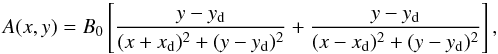 \begin{equation} A(x,y) = B_{\rm 0} \left[ \frac{ y-y_{\rm d} } { (x+x_{\rm d})^2+(y-y_{\rm d})^2 } + \frac{ y-y_{\rm d} } { (x-x_{\rm d})^2+(y-y_{\rm d})^2 } \right], \label{eq:A_func} \end{equation}