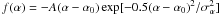 \hbox{$f(\alpha)=-A(\alpha-\alpha_0)\exp[-0.5(\alpha-\alpha_0)^2/\sigma_{\alpha}^2]$}