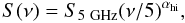 \begin{equation} S(\nu) = S_{5~{\rm GHz}}(\nu/5)^{\alpha_{\rm hi}}, \label{e5a} \end{equation}