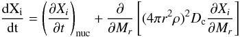 \begin{equation} {{\rm{d} X_i} \over {\rm{d}t}}= \left( {{\partial X_i}\over{\partial t}} \right)_\mathrm{nuc}+ {\partial\over{\partial M_r}} \left[ (4\pi r^2\rho)^2 D_\mathrm{c}{{\partial X_i}\over{\partial M_r}}\right] \end{equation}