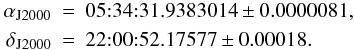 \begin{eqnarray*} \alpha_\mathrm{J2000} &=& \textrm{05:34:31.9383014} \pm 0.0000081, \\ \delta_\mathrm{J2000} &=& \textrm{22:00:52.17577} \pm 0.00018. \end{eqnarray*}