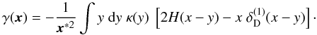 \begin{equation} \label{eq:ksaxiasym} \gamma(\vek{x}) = -\frac{1}{\vek{x}^{*2}} \int y\; \dd y \;\kappa(y) \;\bb{2H(x-y) - x \;\delta^{(1)}_{\rm D}(x-y)}\cdot \end{equation}