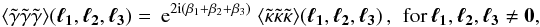 \begin{equation} \label{eq:FourierG} \langle \tilde{\gamma}\tilde{\gamma}\tilde{\gamma} \rangle(\vek{\ell_1},\vek{\ell_2},\vek{\ell_3})=\expo{2\ic\br{\beta_1+\beta_2+\beta_3}}\; \langle \tilde{\kappa}\tilde{\kappa}\tilde{\kappa} \rangle(\vek{\ell_1},\vek{\ell_2},\vek{\ell_3})\,,\ \ \textrm{for}\ \vek{\ell_1}, \vek{\ell_2}, \vek{\ell_3} \ne \vek{0}, \end{equation}