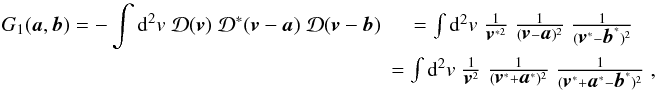 \begin{eqnarray} \label{eq:G1integralf} G_1(\vek{a},\vek{b}) = -\int \dd^2 v\; {\mathcal{D}}(\vek{v})\;{\mathcal{D}^*}(\vek{v}-\vek{a})\;{\mathcal{D}}(\vek{v}-\vek{b}) &= \int \dd^2 v\; \frac{1}{\vek{v}^{*2}}\;\frac{1}{(\vek{v}-\vek{a})^2}\;\frac{1}{(\vek{v}^*-\vek{b}^*)^2}\nonumber\\ &= \int \dd^2 v\; \frac{1}{\vek{v}^{2}}\;\frac{1}{(\vek{v}^*+\vek{a}^*)^2}\;\frac{1}{(\vek{v}^*+\vek{a}^*-\vek{b}^*)^2}\;, \end{eqnarray}