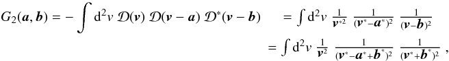 \begin{eqnarray} \label{eq:G2integralf} G_2(\vek{a},\vek{b}) = -\int \dd^2 v\; {\mathcal{D}}(\vek{v})\;{\mathcal{D}}(\vek{v}-\vek{a})\;{\mathcal{D}^*}(\vek{v}-\vek{b}) &= \int \dd^2 v\; \frac{1}{\vek{v}^{*2}}\;\frac{1}{(\vek{v}^*-\vek{a}^*)^2}\;\frac{1}{(\vek{v}-\vek{b})^2}\nonumber\\ &=\int \dd^2 v\; \frac{1}{\vek{v}^{2}}\;\frac{1}{(\vek{v}^*-\vek{a}^*+\vek{b}^*)^2}\;\frac{1}{(\vek{v}^*+\vek{b}^*)^2} \;, \end{eqnarray}