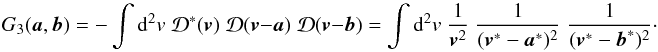 \begin{equation} \label{eq:G3integralf} G_3(\vek{a},\vek{b}) = -\int \dd^2 v\; {\mathcal{D}^*}(\vek{v})\;{\mathcal{D}}(\vek{v}-\vek{a})\;{\mathcal{D}}(\vek{v}-\vek{b}) = \int \dd^2 v\; \frac{1}{\vek{v}^{2}}\;\frac{1}{(\vek{v}^*-\vek{a}^*)^2}\;\frac{1}{(\vek{v}^*-\vek{b}^*)^2}\cdot \end{equation}