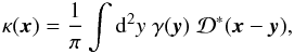 \begin{equation} \label{eq:invKS} \kappa(\vek{x}) = \frac{1}{\pi} \int \dd^2 y\; \gamma(\vek{y}) \; \mathcal{D}^*(\vek{x}-\vek{y}), \end{equation}