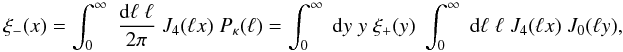 \begin{equation} \label{eq:J0J4inv} \xi_-(x) = \int_0^{\infty}\;\frac{\dd \ell\;\ell}{2\pi}\;J_4(\ell x)\;P_{\kappa}(\ell) = \int_0^{\infty}\;\dd y\;y\;\xi_+(y)\; \int_0^{\infty}\;{\dd \ell\;\ell}\;J_4(\ell x)\;J_0(\ell y), \end{equation}