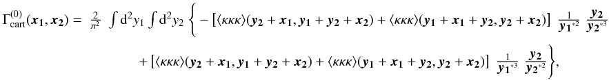 \begin{eqnarray} \label{eq:Grelationterm} \Gamma^{(0)}_{\rm cart}(\vek{x_1},\vek{x_2}) = & \frac{2}{\pi^2}\;\int \dd^2 y_1 \int \dd^2 y_2\; \Bigg\{ - \bb{\langle \kappa\kappa\kappa \rangle (\vek{y_2}+\vek{x_1},\vek{y_1}+\vek{y_2}+\vek{x_2})+\langle \kappa\kappa\kappa \rangle (\vek{y_1}+\vek{x_1}+\vek{y_2},\vek{y_2}+\vek{x_2}) }\; \frac{1}{\vek{y_1}^{*2}} \; \frac{\vek{y_2}}{\vek{y_2}^{*3}}\nonumber\\ & + \bb{\langle \kappa\kappa\kappa \rangle (\vek{y_2}+\vek{x_1},\vek{y_1}+\vek{y_2}+\vek{x_2})+\langle \kappa\kappa\kappa \rangle (\vek{y_1}+\vek{x_1}+\vek{y_2},\vek{y_2}+\vek{x_2}) }\; \frac{1}{\vek{y_1}^{*3}} \; \frac{\vek{y_2}}{\vek{y_2}^{*2}} \Bigg\}, \end{eqnarray}