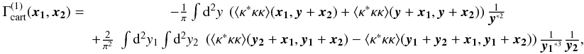 \begin{eqnarray} \label{eq:G1relation} \Gamma^{(1)}_{\rm cart}(\vek{x_1},\vek{x_2}) =& -\frac{1}{\pi} \int \dd^2 y\; \br{\langle \kappa^*\kappa\kappa \rangle(\vek{x_1},\vek{y}+\vek{x_2})+\langle \kappa^*\kappa\kappa \rangle(\vek{y}+\vek{x_1},\vek{y}+\vek{x_2})}\frac{1}{\vek{y}^{*2}}\nonumber \\ &+ \frac{2}{\pi^2} \;\int \dd^2 y_1 \int \dd^2 y_2\; \br{\langle \kappa^*\kappa\kappa \rangle(\vek{y_2}+\vek{x_1},\vek{y_1}+\vek{x_2})-\langle \kappa^*\kappa\kappa \rangle(\vek{y_1}+\vek{y_2}+\vek{x_1},\vek{y_1}+\vek{x_2})} \frac{1}{\vek{y_1}^{*3}}\frac{1}{\vek{y_2}}, \end{eqnarray}