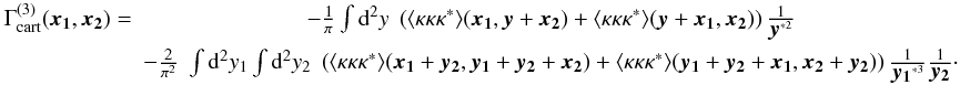 \begin{eqnarray} \label{eq:G3relation} \Gamma^{(3)}_{\rm cart}(\vek{x_1},\vek{x_2}) =& -\frac{1}{\pi} \int \dd^2 y\; \br{\langle \kappa\kappa\kappa^* \rangle(\vek{x_1},\vek{y}+\vek{x_2})+\langle \kappa\kappa\kappa^* \rangle(\vek{y}+\vek{x_1},\vek{x_2})}\frac{1}{\vek{y}^{*2}}\nonumber \\ &- \frac{2}{\pi^2} \;\int \dd^2 y_1 \int \dd^2 y_2\; \br{\langle \kappa\kappa\kappa^* \rangle(\vek{x_1}+\vek{y_2},\vek{y_1}+\vek{y_2}+\vek{x_2})+\langle \kappa\kappa\kappa^* \rangle(\vek{y_1}+\vek{y_2}+\vek{x_1},\vek{x_2}+\vek{y_2})} \frac{1}{\vek{y_1}^{*3}}\frac{1}{\vek{y_2}}\cdot \end{eqnarray}