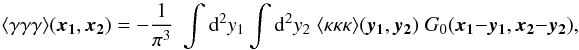 \begin{equation} \label{eq:defineG} \langle \gamma\gamma\gamma \rangle(\vek{x_1},\vek{x_2}) = -\frac{1}{\pi^3}\;\int \dd^2 y_1 \int \dd^2 y_2\; \langle \kappa\kappa\kappa \rangle (\vek{y_1},\vek{y_2}) \;G_0(\vek{x_1}-\vek{y_1},\vek{x_2}-\vek{y_2}), \end{equation}