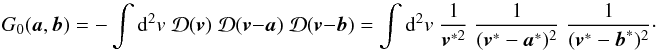 \begin{equation} \label{eq:gkerneldef} G_0(\vek{a},\vek{b}) = -\int \dd^2 v\; {\mathcal{D}}(\vek{v})\;{\mathcal{D}}(\vek{v}-\vek{a})\;{\mathcal{D}}(\vek{v}-\vek{b}) = \int \dd^2 v\; \frac{1}{\vek{v}^{*2}}\;\frac{1}{(\vek{v}^*-\vek{a}^*)^2}\;\frac{1}{(\vek{v}^*-\vek{b}^*)^2}\cdot \end{equation}
