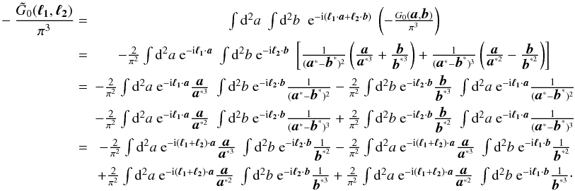 \appendix \setcounter{section}{1} \begin{eqnarray} -\frac{\tilde{G}_0(\vek{\ell_1},\vek{\ell_2})}{\pi^3}= &\int \dd^2 a \;\int \dd^2 b\; \expo{-\ic \br{\svek{\ell_1}\cdot\svek{a}+\svek{\ell_2}\cdot\svek{b}}} \;\br{-\frac{G_0(\vek{a},\vek{b})}{\pi^3}}\nonumber\\ =& -\frac{2}{\pi^2} \int \dd^2 a \expo{-\ic \svek{\ell_1}\cdot\svek{a}} \;\int \dd^2 b \expo{-\ic \svek{\ell_2}\cdot\svek{b}} \; \bb{\frac{1}{(\vek{a}^*-\vek{b}^*)^2} \br{\frac{\vek{a}}{\vek{a}^{*3}}+\frac{\vek{b}}{\vek{b}^{*3}}} + \frac{1}{(\vek{a}^*-\vek{b}^*)^3}\br{\frac{\vek{a}}{\vek{a}^{*2}}-\frac{\vek{b}}{\vek{b}^{*2}}} }\nonumber\\ =& -\frac{2}{\pi^2} \int \dd^2 a \expo{-\ic \svek{\ell_1}\cdot\svek{a}} \frac{\vek{a}}{\vek{a}^{*3}} \; \int \dd^2 b \expo{-\ic \svek{\ell_2}\cdot\svek{b}} \frac{1}{(\vek{a}^*-\vek{b}^*)^2} -\frac{2}{\pi^2} \int \dd^2 b \expo{-\ic \svek{\ell_2}\cdot\svek{b}} \frac{\vek{b}}{\vek{b}^{*3}}\; \int \dd^2 a \expo{-\ic \svek{\ell_1}\cdot\svek{a}} \frac{1}{(\vek{a}^*-\vek{b}^*)^2} \nonumber\\ & - \frac{2}{\pi^2} \int \dd^2 a \expo{-\ic \svek{\ell_1}\cdot\svek{a}} \frac{\vek{a}}{\vek{a}^{*2}} \; \int \dd^2 b \expo{-\ic \svek{\ell_2}\cdot\svek{b}} \frac{1}{(\vek{a}^*-\vek{b}^*)^3} + \frac{2}{\pi^2} \int \dd^2 b \expo{-\ic \svek{\ell_2}\cdot\svek{b}} \frac{\vek{b}}{\vek{b}^{*2}}\; \int \dd^2 a \expo{-\ic \svek{\ell_1}\cdot\svek{a}} \frac{1}{(\vek{a}^*-\vek{b}^*)^3}\nonumber\\ =& -\frac{2}{\pi^2} \int \dd^2 a \expo{-\ic (\svek{\ell_1}+\svek{\ell_2})\cdot\svek{a}} \frac{\vek{a}}{\vek{a}^{*3}} \; \int \dd^2 b \expo{-\ic \svek{\ell_2}\cdot\svek{b}} \frac{1}{\vek{b}^{*2}} -\frac{2}{\pi^2} \int \dd^2 a \expo{-\ic (\svek{\ell_1}+\svek{\ell_2})\cdot\svek{a}} \frac{\vek{a}}{\vek{a}^{*3}} \; \int \dd^2 b \expo{-\ic \svek{\ell_1}\cdot\svek{b}} \frac{1}{\vek{b}^{*2}} \nonumber\\ & + \frac{2}{\pi^2} \int \dd^2 a \expo{-\ic (\svek{\ell_1}+\svek{\ell_2})\cdot\svek{a}} \frac{\vek{a}}{\vek{a}^{*2}} \; \int \dd^2 b \expo{-\ic \svek{\ell_2}\cdot\svek{b}} \frac{1}{\vek{b}^{*3}} + \frac{2}{\pi^2} \int \dd^2 a \expo{-\ic (\svek{\ell_1}+\svek{\ell_2})\cdot\svek{a}} \frac{\vek{a}}{\vek{a}^{*2}} \; \int \dd^2 b \expo{-\ic \svek{\ell_1}\cdot\svek{b}} \frac{1}{\vek{b}^{*3}}\cdot \end{eqnarray}