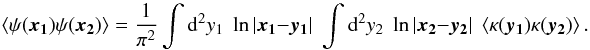 \begin{equation} \label{eq:2kpsi} \ba{\psi(\vek{x_1}) \psi(\vek{x_2})} = \frac{1}{\pi^2} \int \dd^2 y_1 \; \ln|\vek{x_1}-\vek{y_1}| \; \int \dd^2 y_2 \; \ln|\vek{x_2}-\vek{y_2}|\; \ba{ \kappa(\vek{y_1}) \kappa(\vek{y_2})}. \end{equation}