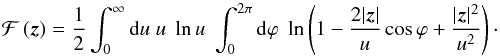 \begin{equation} \mathcal{F}\br{\vek{z}} = \frac{1}{2} \int_0^{\infty} \dd u \; u\; \ln u \; \int_0^{2\pi} \dd \varphi\; \ln\br{1-\frac{2|\vek{z}|}{u} \cos \varphi + \frac{|\vek{z}|^2}{u^2}}\cdot \end{equation}
