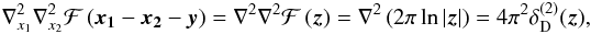 \begin{equation} \label{eq:nabnabF} \nabla^2_{{x_1}}\nabla^2_{{x_2}}\mathcal{F}\br{ \vek{x_1} - \vek{x_2} - \vek{y}} = \nabla^2\nabla^2 \mathcal{F}\br{\vek{z}}= \nabla^2\br{2\pi\ln|\vek{z}|} = 4\pi^2 \delta^{(2)}_{\rm D}(\vek{z}), \end{equation}