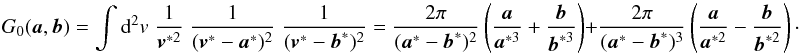 \begin{equation} \label{eq:G2p} G_0(\vek{a},\vek{b}) = \int \dd^2 v\; \frac{1}{\vek{v}^{*2}}\;\frac{1}{(\vek{v}^*-\vek{a}^*)^2}\;\frac{1}{(\vek{v}^*-\vek{b}^*)^2} = \frac{2\pi}{(\vek{a}^*-\vek{b}^*)^2} \br{\frac{\vek{a}}{\vek{a}^{*3}}+\frac{\vek{b}}{\vek{b}^{*3}}} + \frac{2\pi}{(\vek{a}^*-\vek{b}^*)^3}\br{\frac{\vek{a}}{\vek{a}^{*2}}-\frac{\vek{b}}{\vek{b}^{*2}}} \cdot \end{equation}