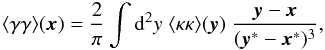 \begin{equation} \label{eq:Frelation} \langle \gamma\gamma\rangle (\vek{x}) = \frac{2}{\pi}\int \dd^2 y \; \langle \kappa\kappa \rangle (\vek{y}) \; \frac{\vek{y}-\vek{x}}{(\vek{y}^*-\vek{x}^*)^3}, \end{equation}