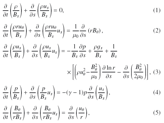 \begin{eqnarray} \label{eq1}&& \frac{\partial}{\partial t}\left(\frac{\rho}{B_s}\right) + \frac{\partial}{\partial s} \left(\frac{\rho u_s}{B_s}\right)=0, \\[1.5mm] \label{eq2} &&\frac{\partial}{\partial t}\left(\frac{\rho r u_\theta}{B_s}\right) + \frac{\partial}{\partial s} \left(\frac{\rho r u_\theta}{B_s} u_s\right) = \frac1{\mu_0}\frac{\partial}{\partial s} \left(r B_\theta\right), \\[1.5mm] &&\frac{\partial}{\partial t}\left(\frac{\rho u_s}{B_s}\right) + \frac{\partial}{\partial s} \left(\frac{\rho u_s}{B_s} u_s\right) = -\frac1{B_s}\frac{\partial p}{\partial s}+\frac{\rho g_s}{B_s}+\frac1{B_s}\nonumber \\[1.5mm] \label{eq3} &&\qquad\qquad\qquad\qquad\qquad\ \ \times\left[ \left(\rho u_{\theta}^2 \!-\! \frac{B_{\theta}^2}{\mu_0}\right) \frac{\partial \ln r}{\partial s}-\frac{\partial}{\partial s}\left(\frac{B_\theta^2}{2\mu_0}\right) \right], \\[1.5mm] \label{eq4} &&\frac{\partial}{\partial t}\left(\frac{p}{B_s}\right)+ \frac{\partial}{\partial s}\left(\frac{p}{B_s} u_s\right) = -(\gamma-1)p\frac{\partial}{\partial s}\left(\frac{u_s}{B_s}\right), \\[1.5mm] \label{eq5}&&\frac{\partial}{\partial t}\left(\frac{B_\theta}{r B_s}\right)+ \frac{\partial}{\partial s}\left(\frac{B_\theta}{r B_s} u_s\right)=\frac{\partial}{\partial s}\left(\frac{u_\theta}{r}\right), \end{eqnarray}