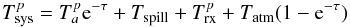 \begin{equation} T_\mathrm{sys}^p=T_a^{p}{\rm e}^{-\tau}+T_\mathrm{spill}+T_\mathrm{rx}^p+T_\mathrm{atm}(1-{\rm e}^{-\tau}) \end{equation}