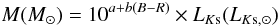\begin{equation} M(M_{\odot})=10^{a + b (B-R)}\times L_{K{\rm s}}(L_{K{\rm s},\odot}) \end{equation}