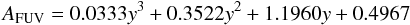 \begin{equation} A_{\rm FUV}=0.0333 y^{3} + 0.3522 y^{2} + 1.1960 y + 0.4967 \end{equation}