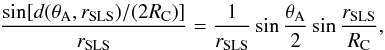 \begin{equation} \frac{ \sin[ d(\theta_{\rm A},\rSLS) /(2\rC)]}{\rSLS} = \frac{1}{\rSLS} \sin \frac{\theta_{\rm A}}{2} \sin\frac{\rSLS}{\rC}, \label{e-autocorr-separation-A} \end{equation}