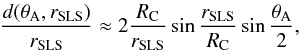 \begin{equation} \frac{ d(\theta_{\rm A},\rSLS)}{\rSLS} \approx 2\frac{\rC}{\rSLS} \sin\frac{\rSLS}{\rC} \sin \frac{\theta_{\rm A}}{2}, \label{e-autocorr-separation-B} \end{equation}